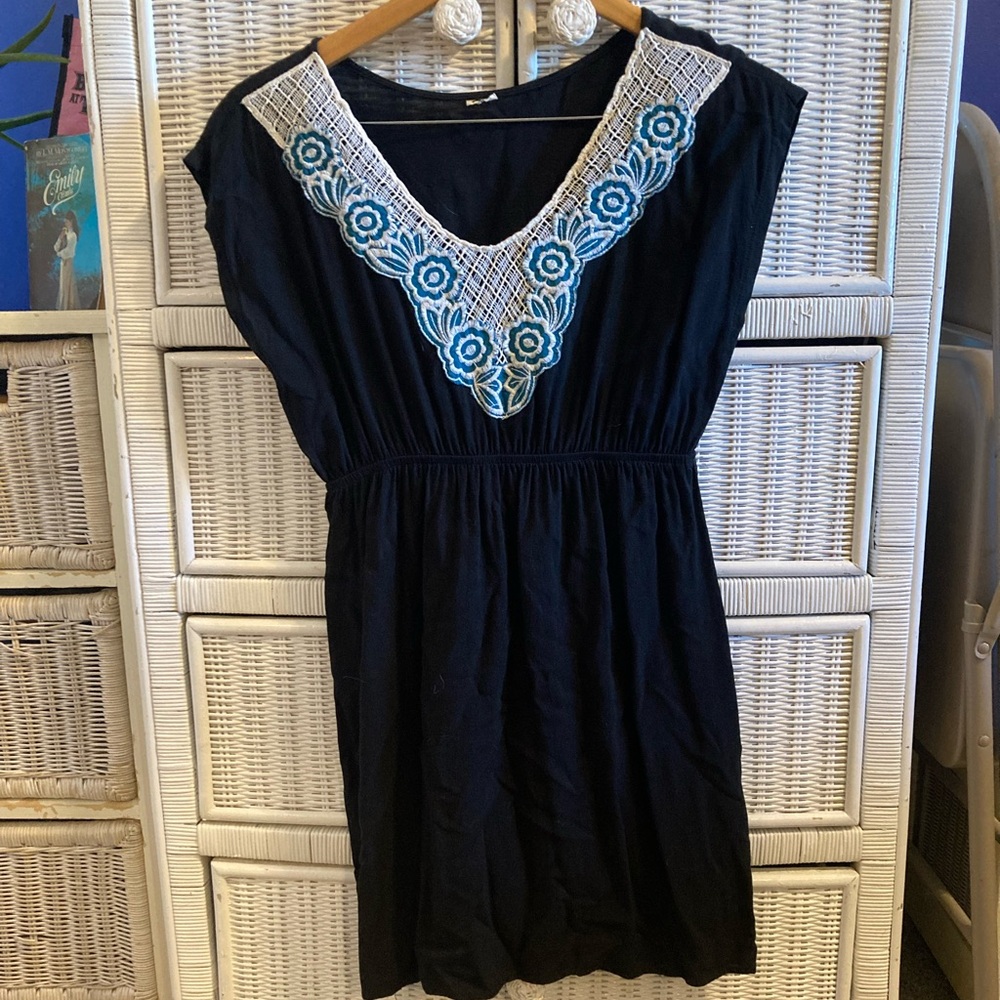 Elegant Black Dress with Blue and White Embroidery